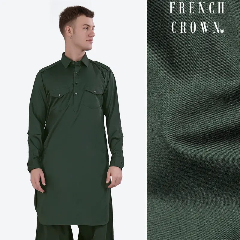 Timber Green Subtle Sheen Super Soft Premium Cotton Pathani Kurta 1