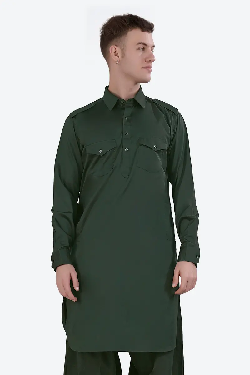 Timber Green Subtle Sheen Super Soft Premium Cotton Pathani Kurta 2