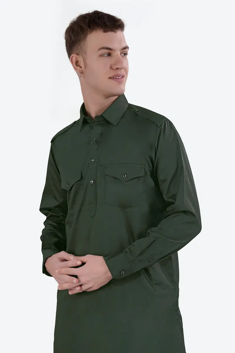 Timber Green Subtle Sheen Super Soft Premium Cotton Pathani Kurta 4