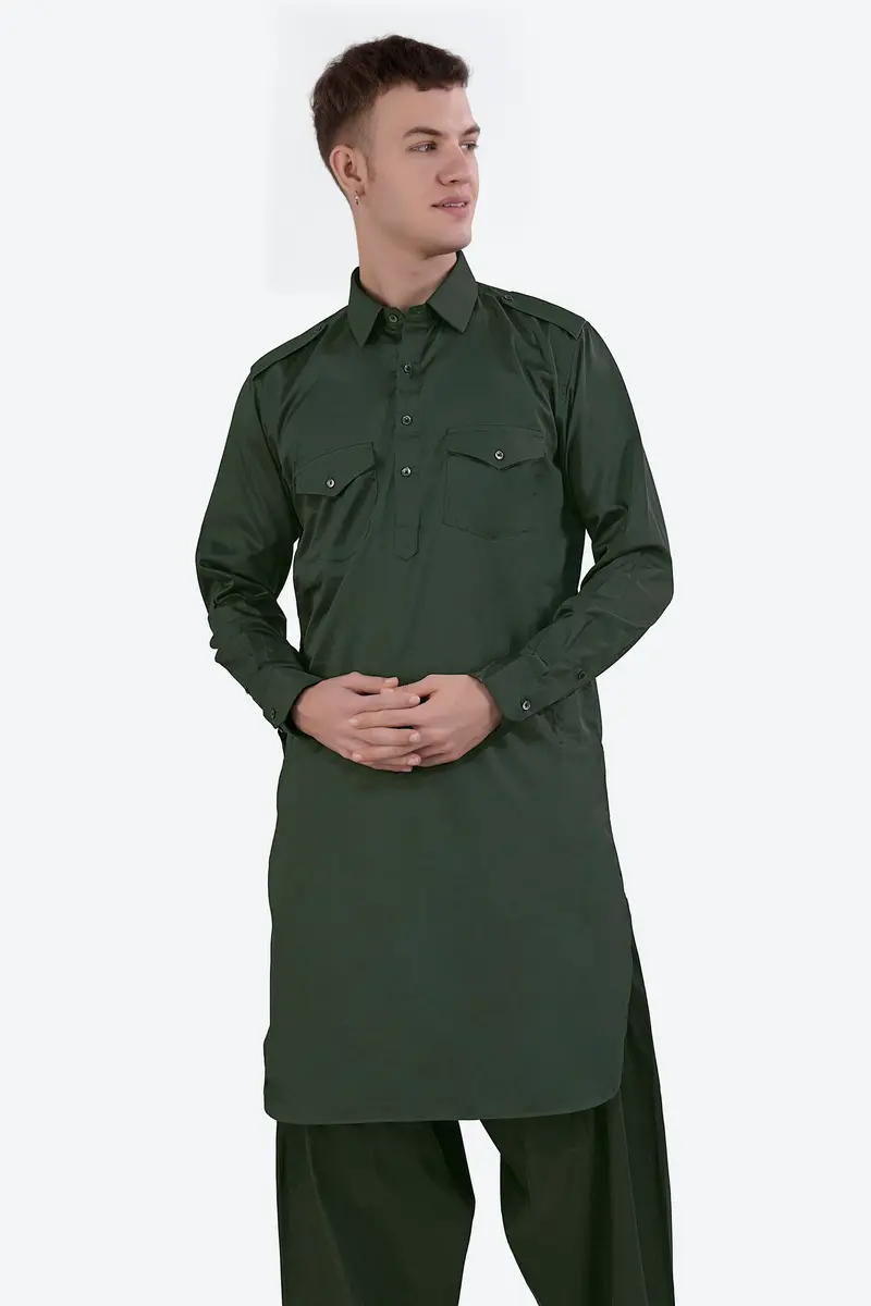 Timber Green Subtle Sheen Super Soft Premium Cotton Pathani Kurta 5