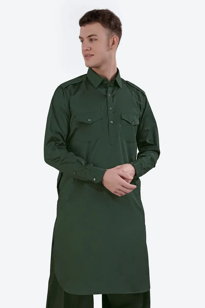 Timber Green Subtle Sheen Super Soft Premium Cotton Pathani Kurta 6