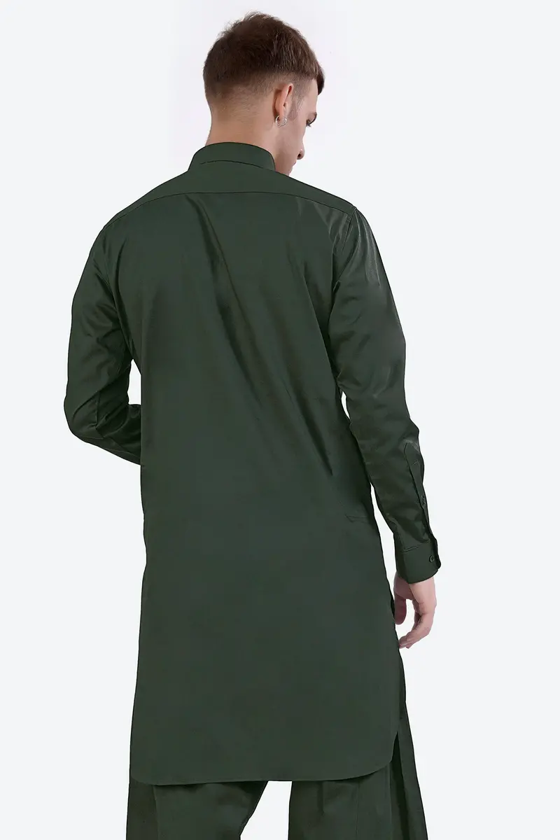 Timber Green Subtle Sheen Super Soft Premium Cotton Pathani Kurta 7