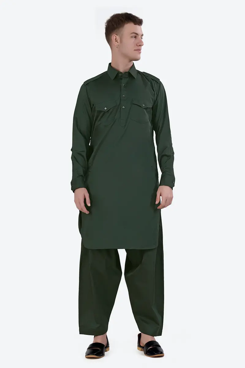 Timber Green Subtle Sheen Super Soft Premium Cotton Pathani Kurta 8