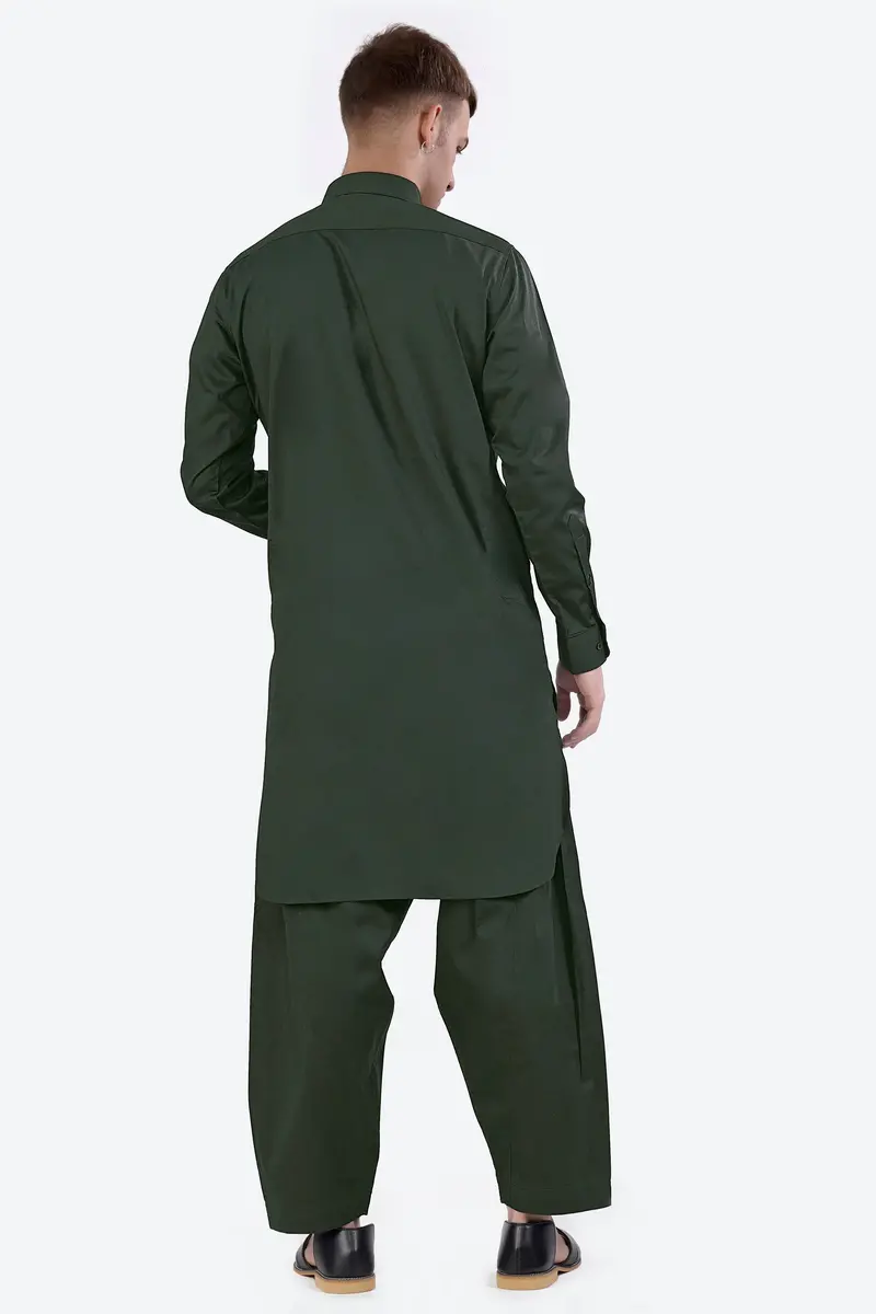 Timber Green Subtle Sheen Super Soft Premium Cotton Pathani Kurta 9