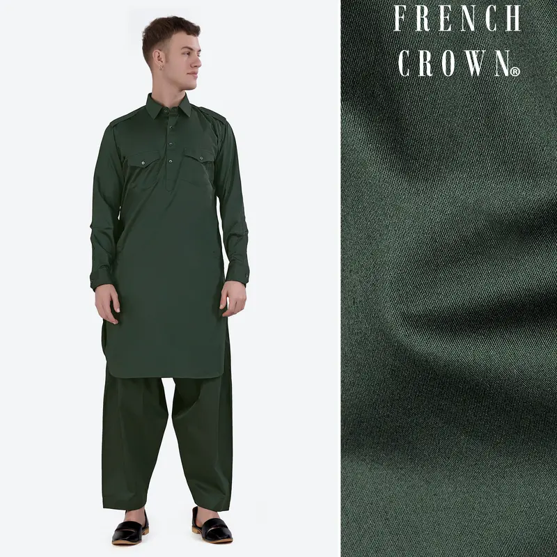 Timber Green Subtle Sheen Super Soft Premium Cotton Pathani Set 1