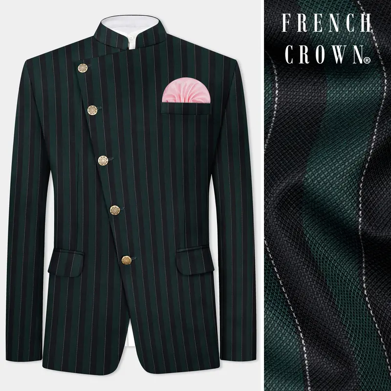 Timber Green With Bunker Black Striped Wool Blend Cross Placket Bandhgala Blazer 1