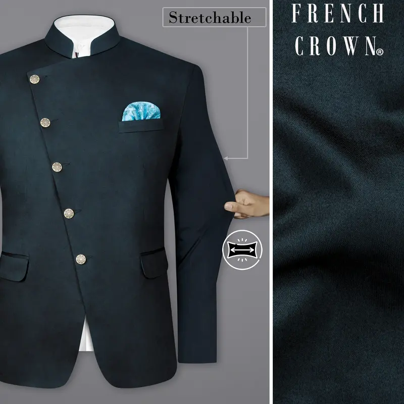 Timber Sea Green Cross Placket Stretchable Premium Cotton Bandhgala Traveler Blazer 1