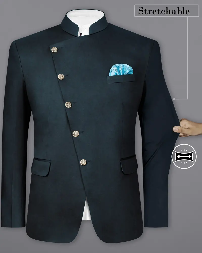 Timber Sea Green Cross Placket Stretchable Premium Cotton Bandhgala Traveler Blazer 2