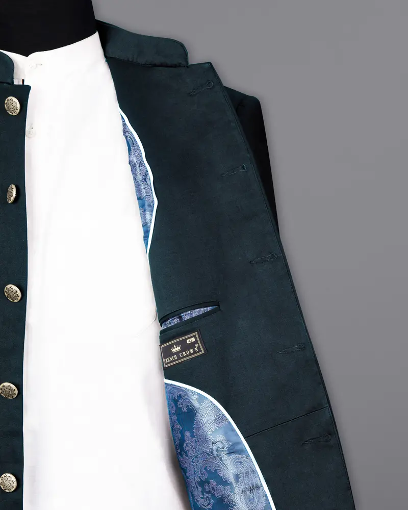 Timber Sea Green Cross Placket Stretchable Premium Cotton Bandhgala Traveler Blazer 7