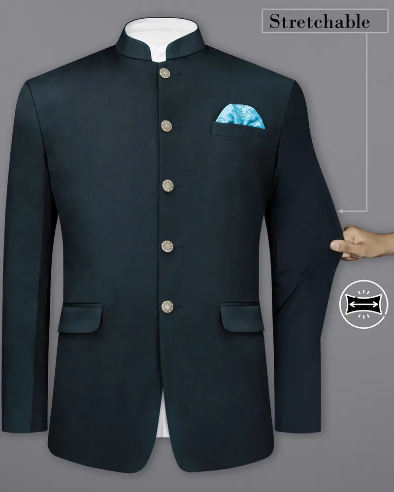 Timber Sea Green Solid Stretchable Premium Cotton Bandhgala Traveler Blazer 2