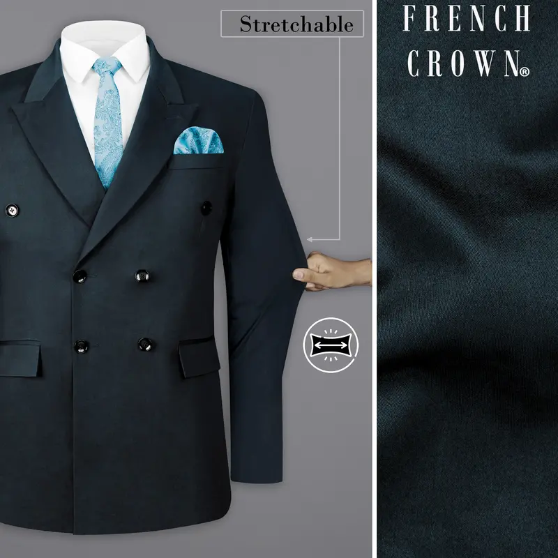 Timber Sea Green Solid Stretchable Premium Cotton Double Breasted Traveler Blazer 1