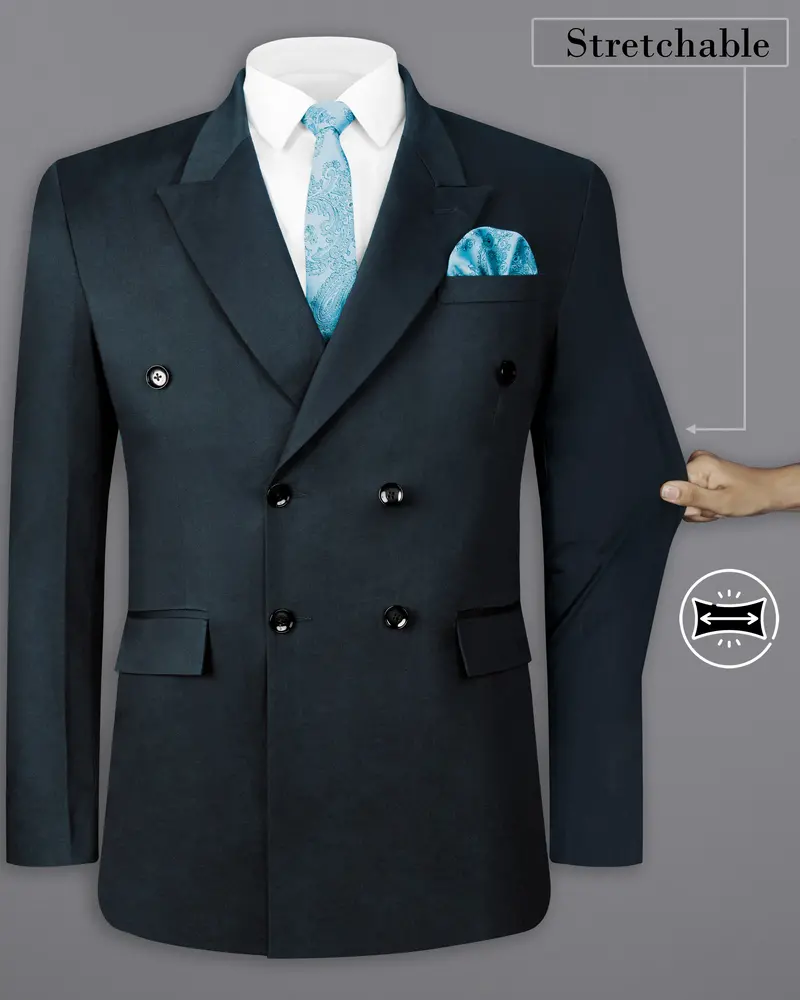 Timber Sea Green Solid Stretchable Premium Cotton Double Breasted Traveler Blazer 2
