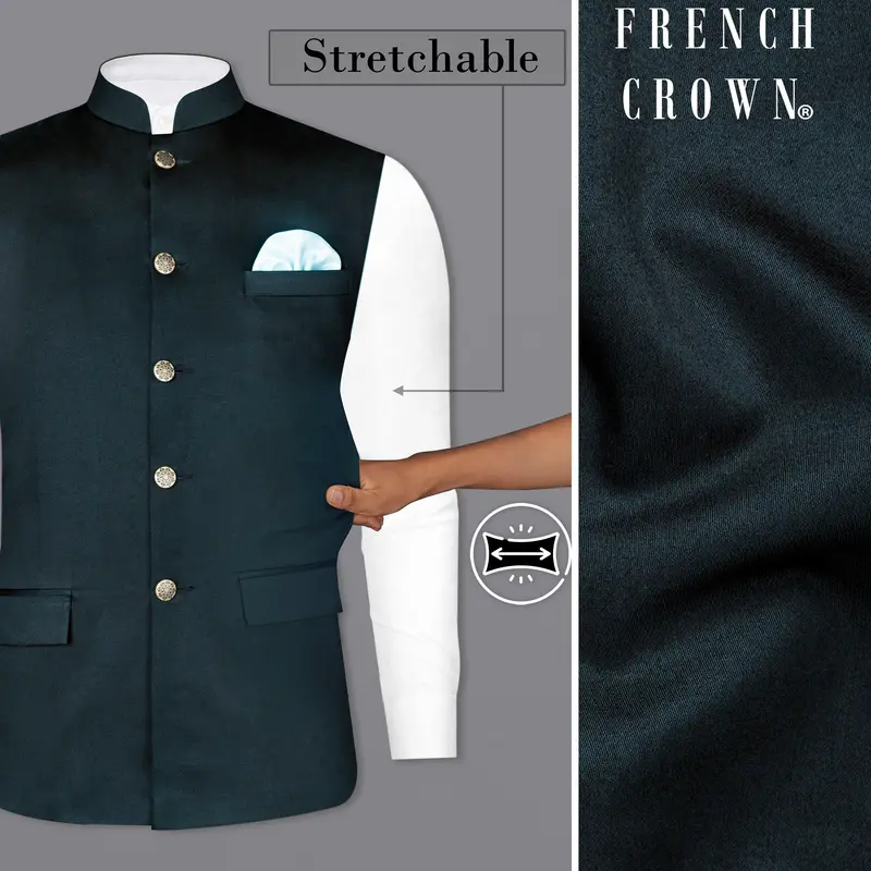 Timber Sea Green Solid Stretchable Premium Cotton Traveler Nehru Jacket 1