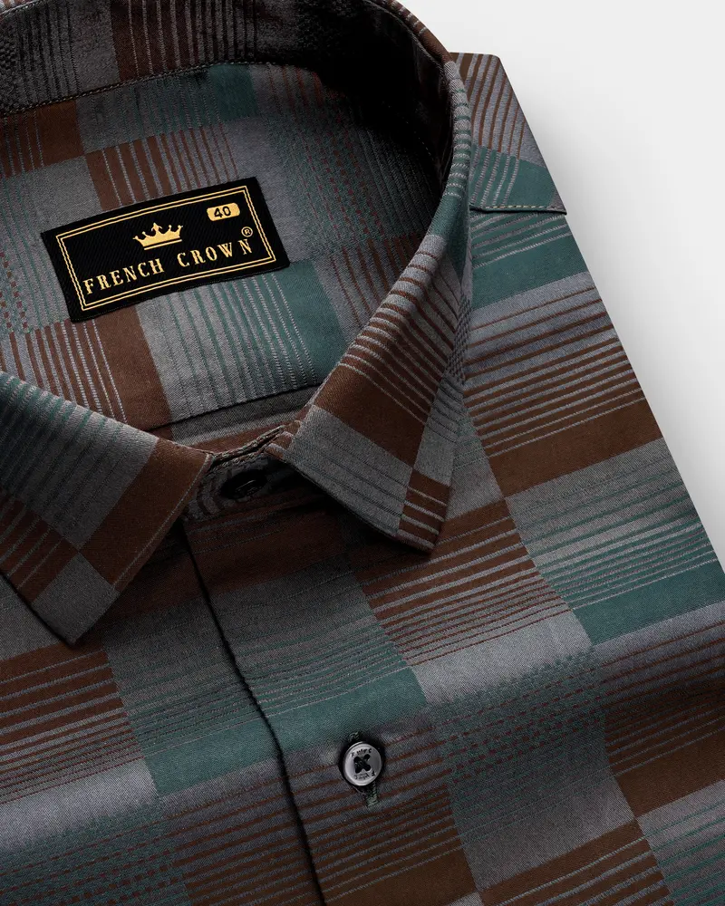 Timberline-Bistre Brown And Plantation Green Barcode Stripes Jacquard Textured Premium Cotton Dress Shirt 1