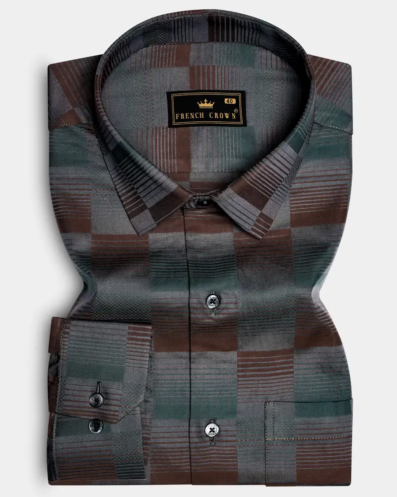 Timberline-Bistre Brown And Plantation Green Barcode Stripes Jacquard Textured Premium Cotton Dress Shirt 10