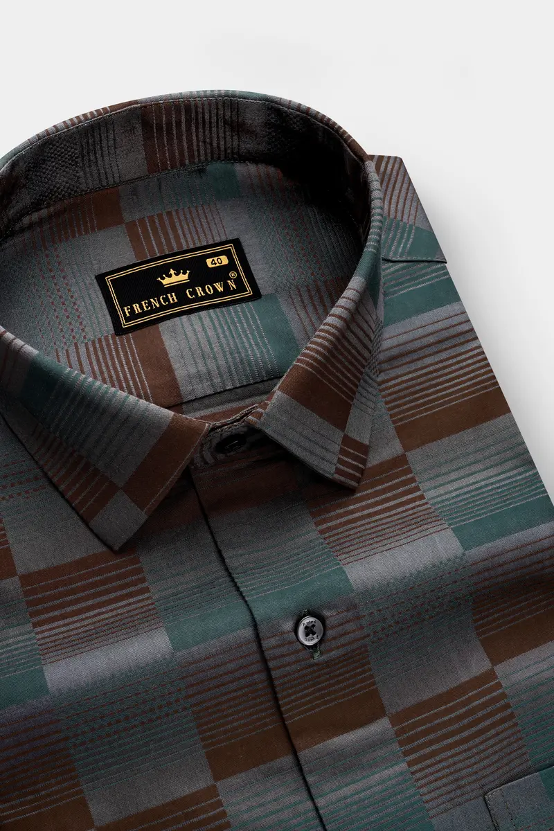Timberline-Bistre Brown And Plantation Green Barcode Stripes Jacquard Textured Premium Cotton Dress Shirt 2