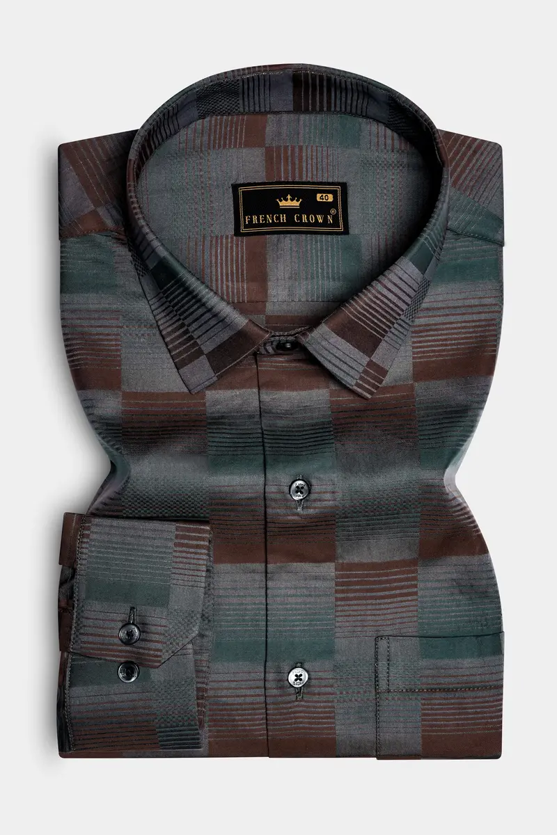 Timberline-Bistre Brown And Plantation Green Barcode Stripes Jacquard Textured Premium Cotton Dress Shirt 4