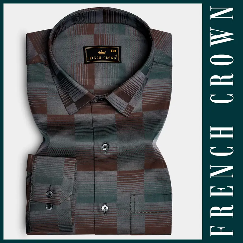 Timberline-Bistre Brown And Plantation Green Barcode Stripes Jacquard Textured Premium Cotton Dress Shirt 6