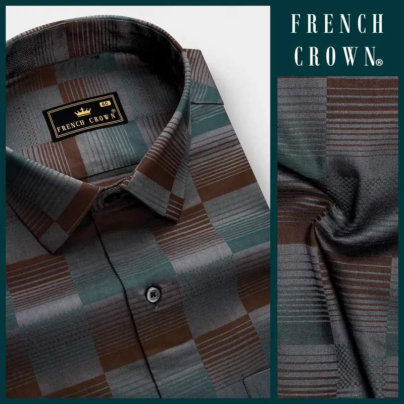 Timberline-Bistre Brown And Plantation Green Barcode Stripes Jacquard Textured Premium Cotton Dress Shirt 8