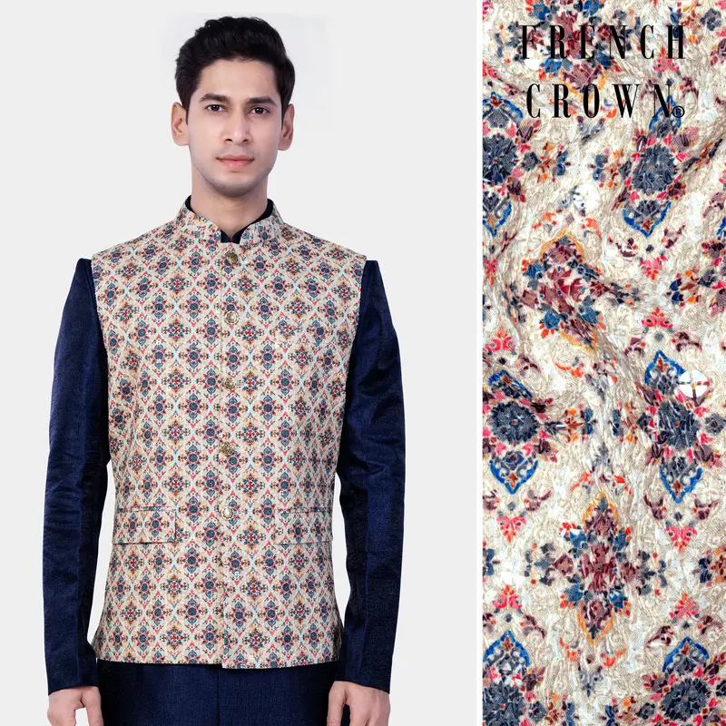 Timberwolf Cream And Cab Sav Maroon Multicolour Designer Thread Embroidered Nehru Jacket 1