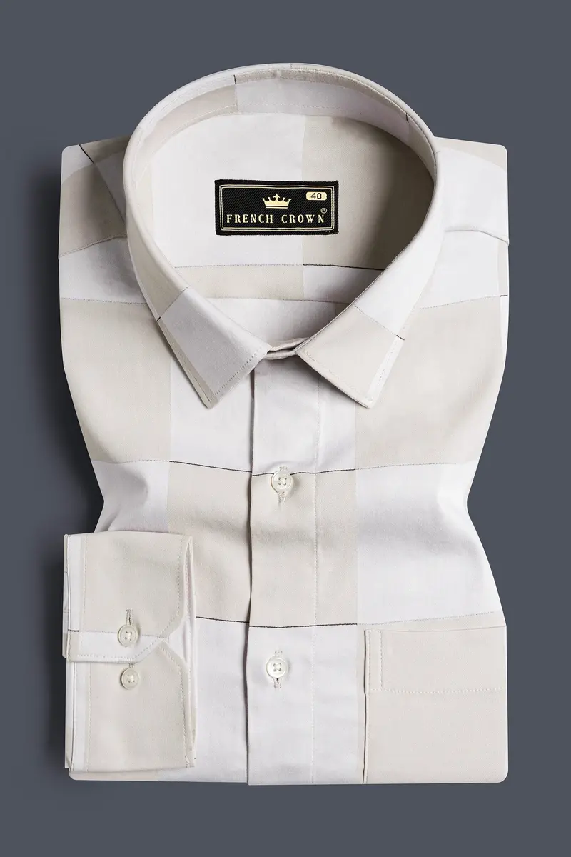 Timberwolf Cream And Quill Gray Checked Subtle Sheen Super Soft Premium Cotton Shirt 3