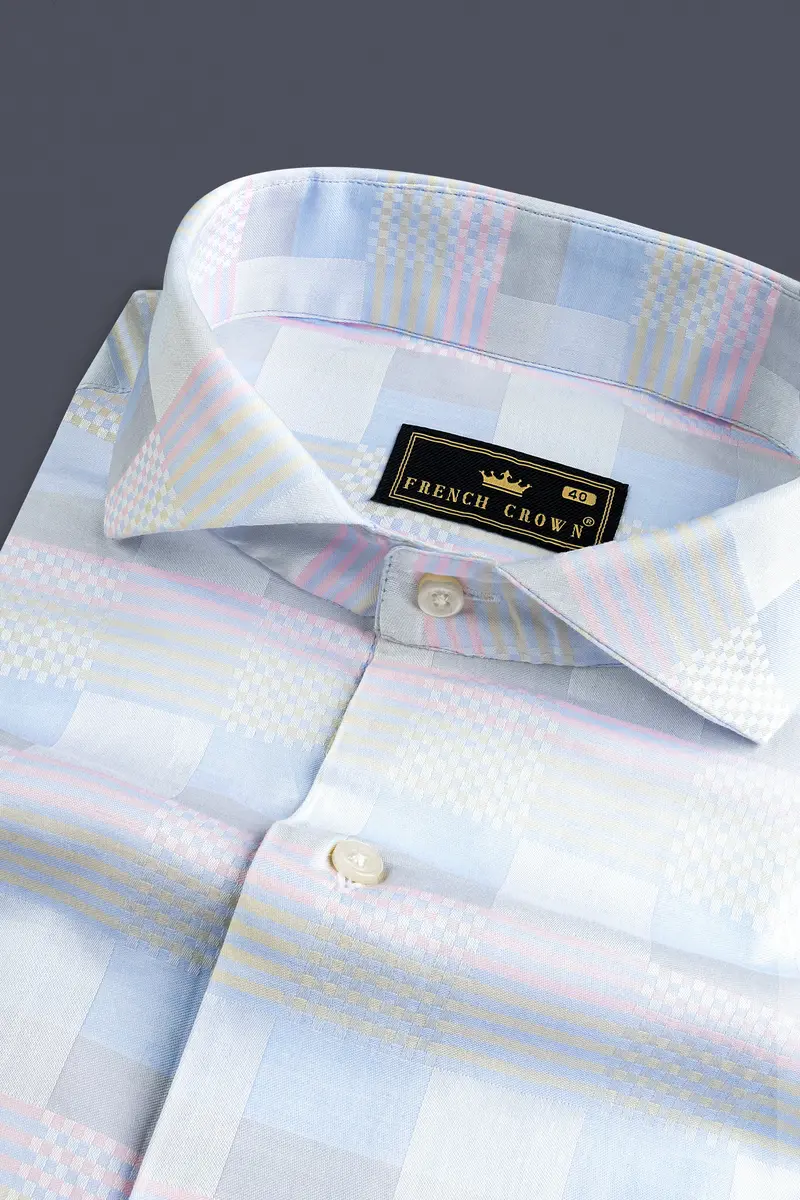 Titan Blue And Snuff Pink Jacquard Textured Premium Cotton Shirt 1