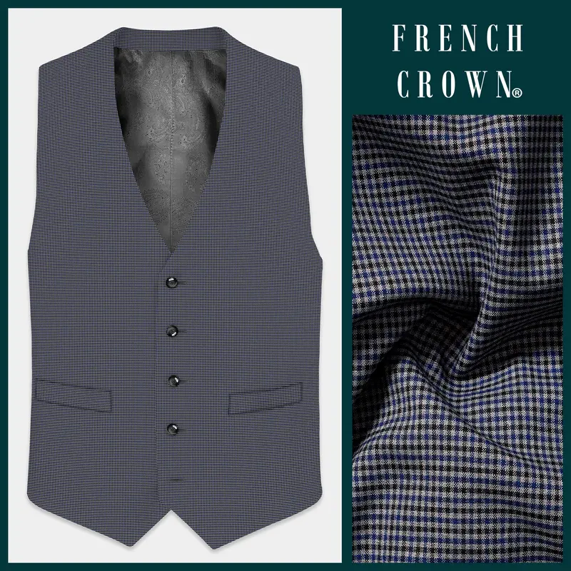 Titan-Downriver Blue And Piano Gray Gingham Checked Wool Rich Waistcoat 1