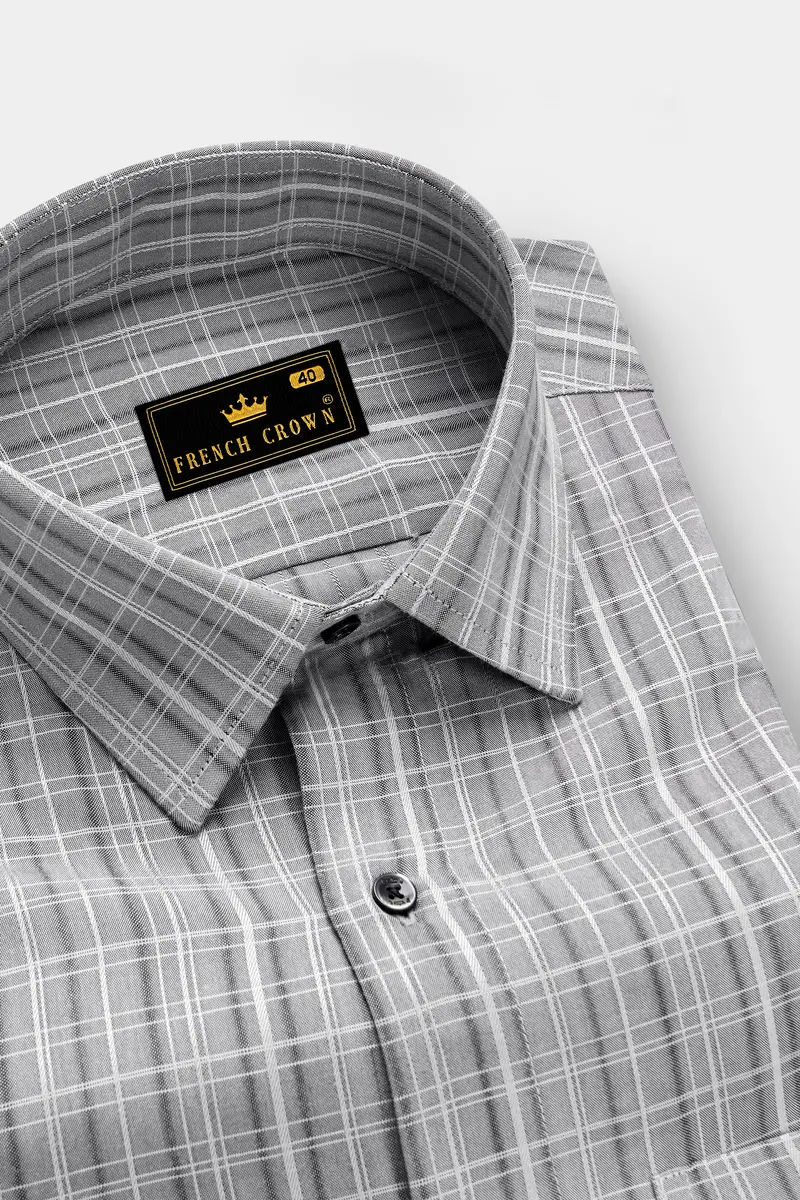 Titanium-Iron Gray Lamont Checked Stretchable Dobby Textured Premium Giza Cotton Dress Shirt 1