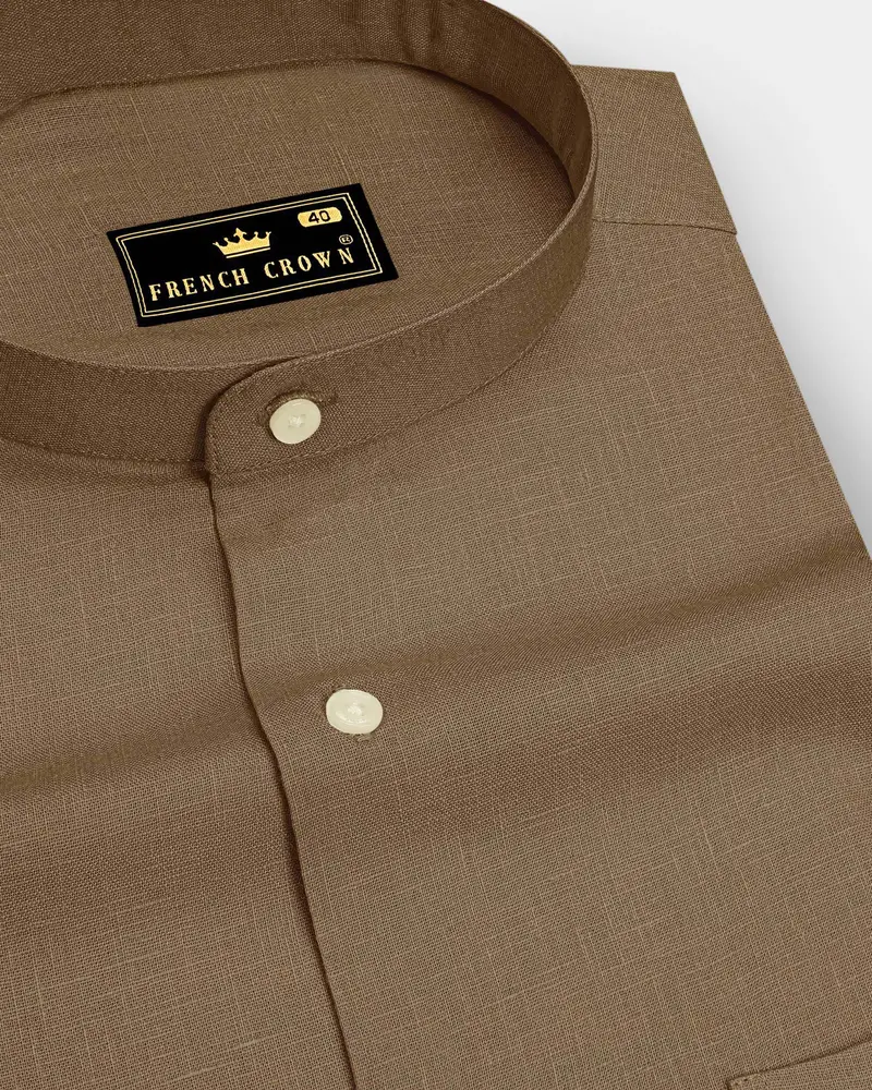 Toast-Pastel Brown Luxurious Linen Mandarin Dress Shirt 1