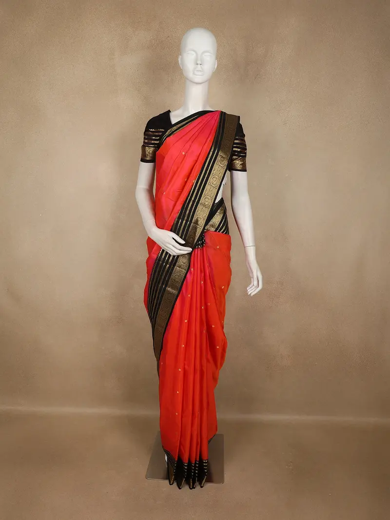 Tomato Red Butta Woven Design Pure Kanchipuram Silk Saree With Contrast  Peacock Motif Zari Border 1
