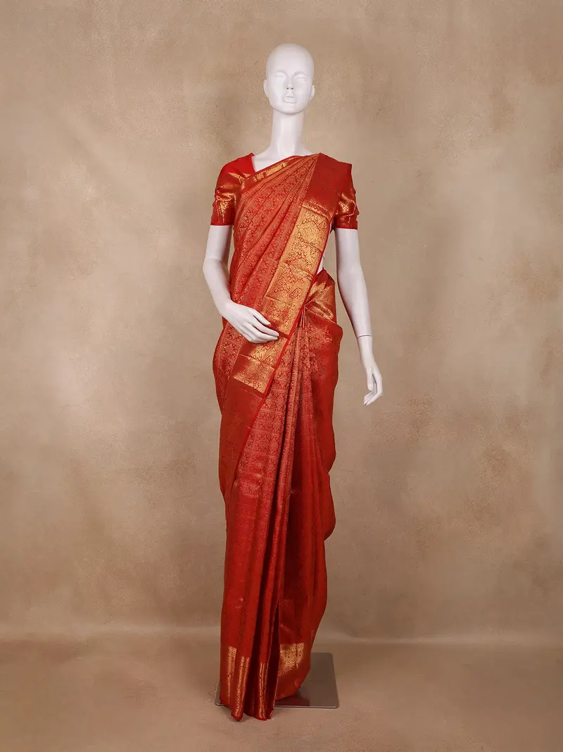 Tomato Red Floral Zari Woven Design Pure Kanchipuram Silk Saree 1