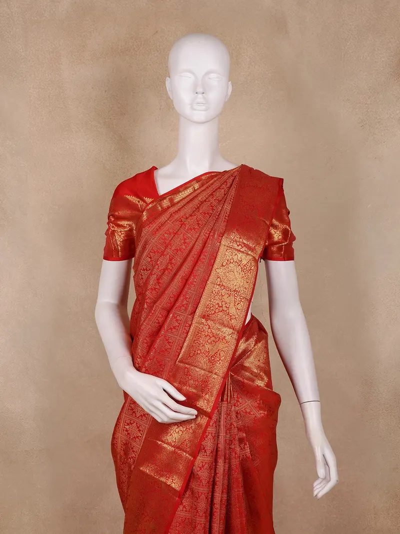 Tomato Red Floral Zari Woven Design Pure Kanchipuram Silk Saree 2