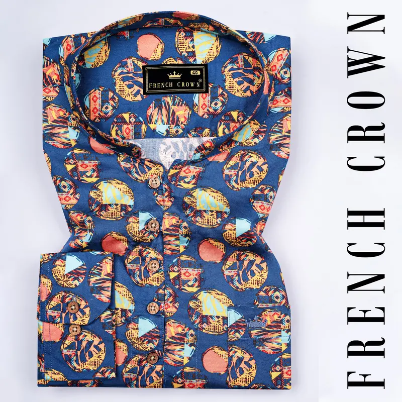 Topaz Blue With Peachy And Aqua Blue Abstract Printed Subtle Sheen Super Soft Premium Cotton Kurta Shirt 1