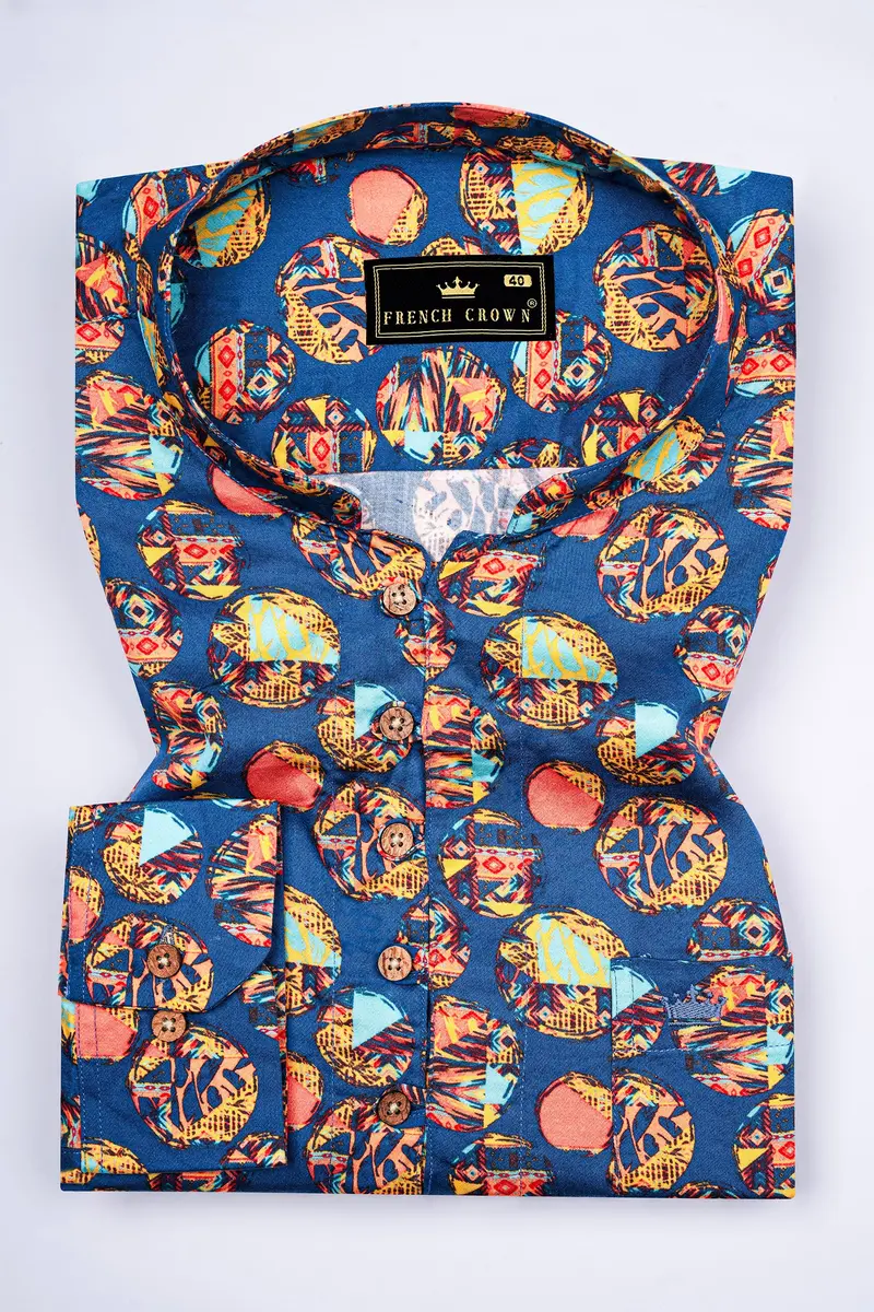 Topaz Blue With Peachy And Aqua Blue Abstract Printed Subtle Sheen Super Soft Premium Cotton Kurta Shirt 2