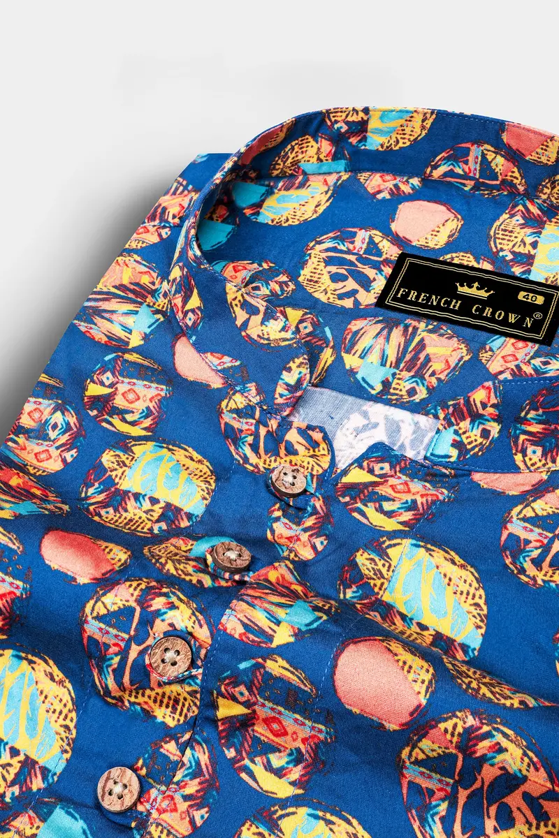 Topaz Blue With Peachy And Aqua Blue Abstract Printed Subtle Sheen Super Soft Premium Cotton Kurta Shirt 4