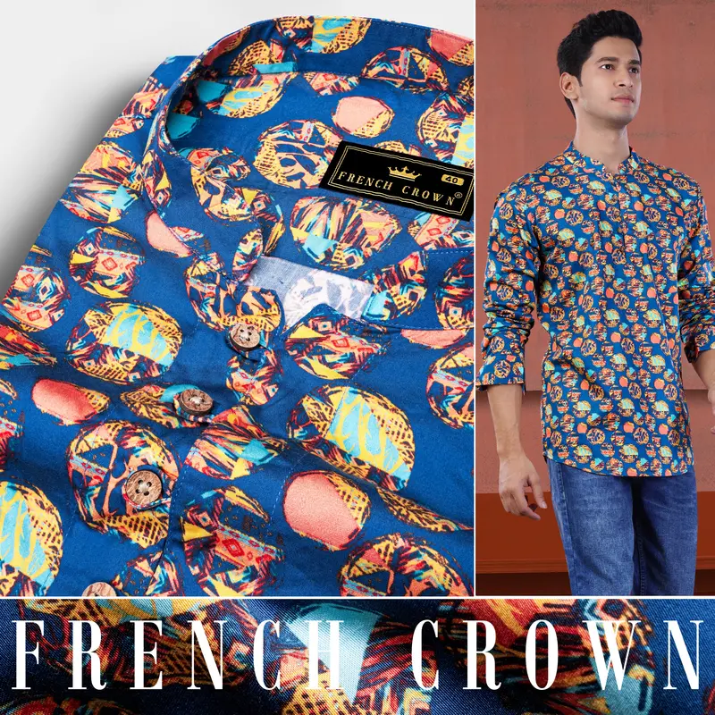 Topaz Blue With Peachy And Aqua Blue Abstract Printed Subtle Sheen Super Soft Premium Cotton Kurta Shirt 5