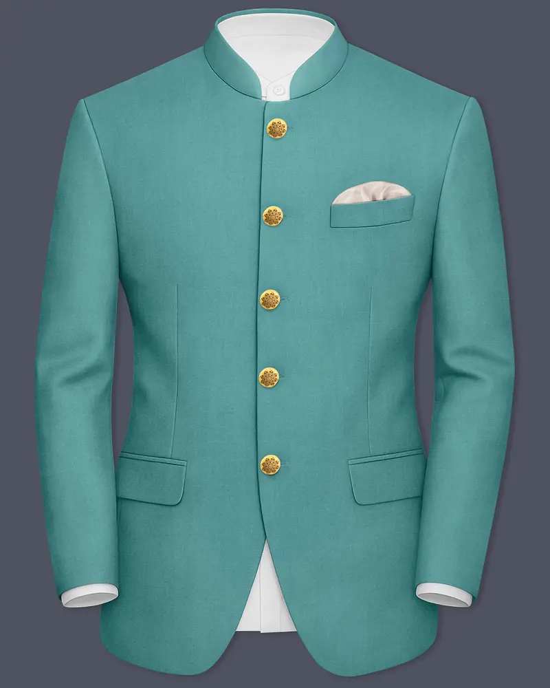 Travirid-Gothic Green Wool Rich Bandhgala Slight Stretch Blazer 1