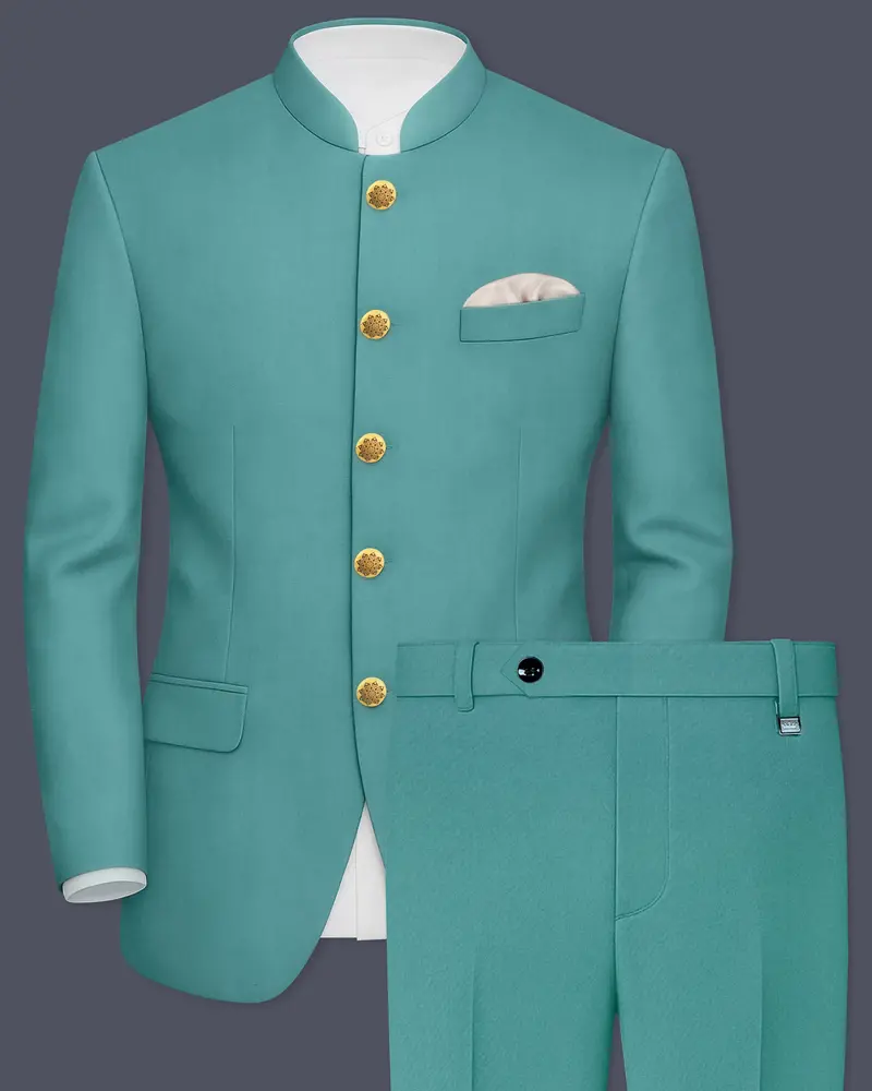 Travirid-Gothic Green Wool Rich Bandhgala Slight Stretch Suit 1