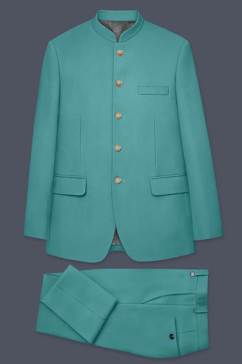Travirid-Gothic Green Wool Rich Bandhgala Slight Stretch Suit 10
