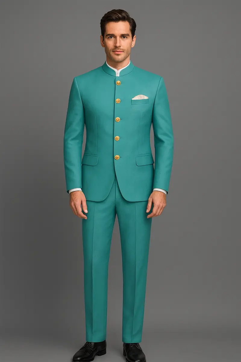 Travirid-Gothic Green Wool Rich Bandhgala Slight Stretch Suit 18
