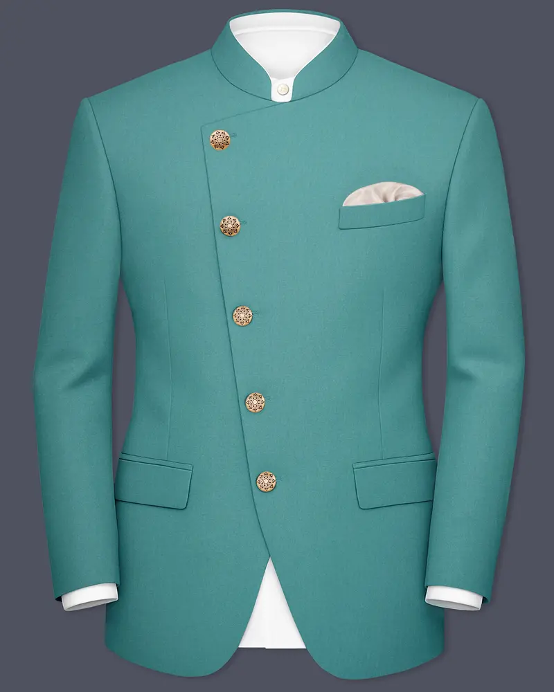 Travirid-Gothic Green Wool Rich Cross Placket Bandhgala Slight Stretch Blazer 1