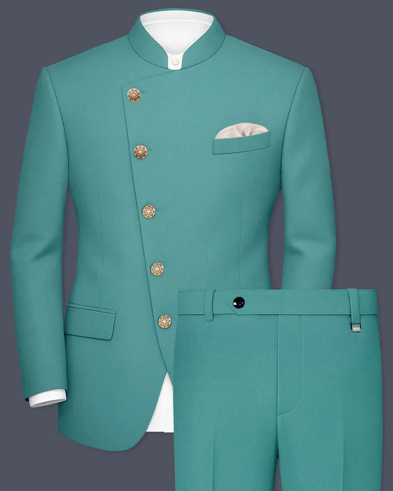 Travirid-Gothic Green Wool Rich Cross Placket Bandhgala Slight Stretch Suit 1