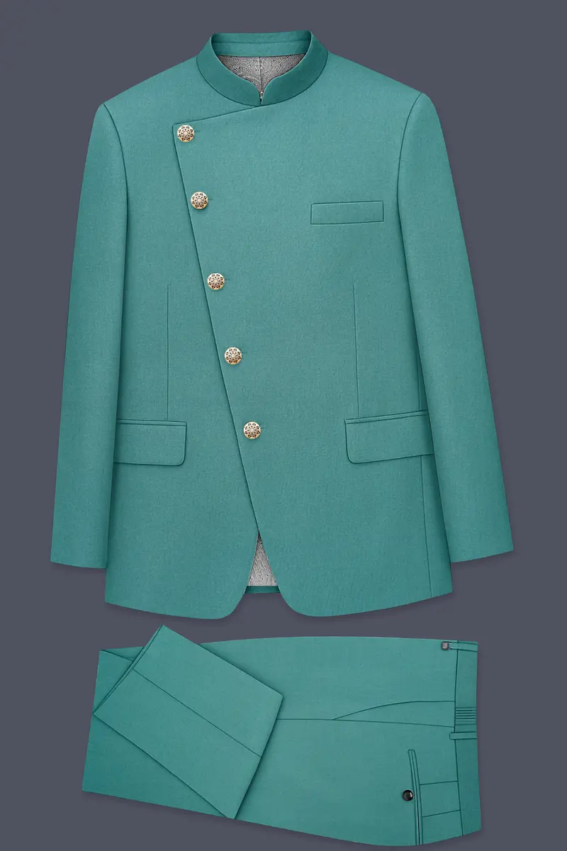 Travirid-Gothic Green Wool Rich Cross Placket Bandhgala Slight Stretch Suit 10