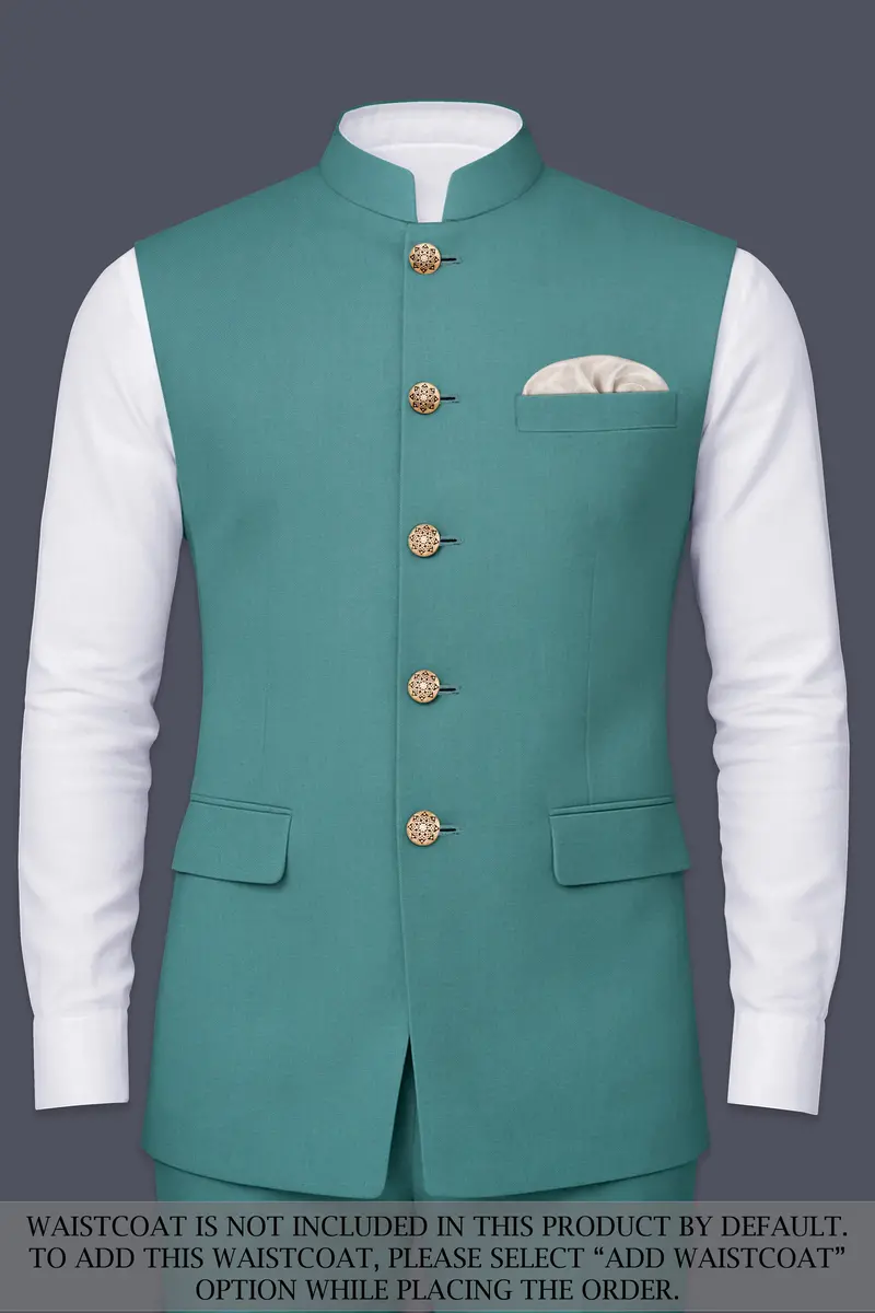 Travirid-Gothic Green Wool Rich Cross Placket Bandhgala Slight Stretch Suit 15