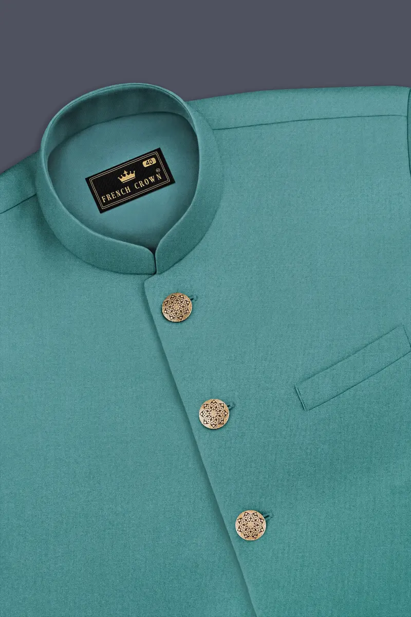 Travirid-Gothic Green Wool Rich Cross Placket Bandhgala Slight Stretch Suit 17