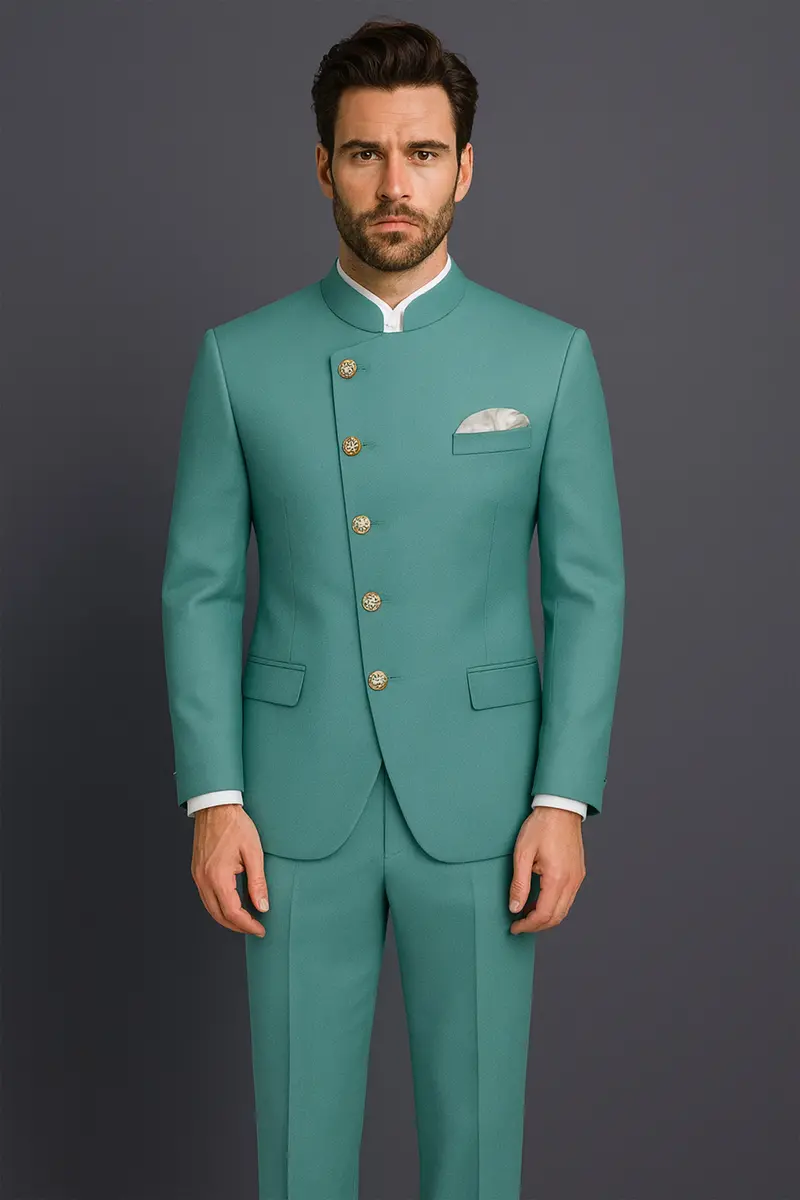 Travirid-Gothic Green Wool Rich Cross Placket Bandhgala Slight Stretch Suit 18