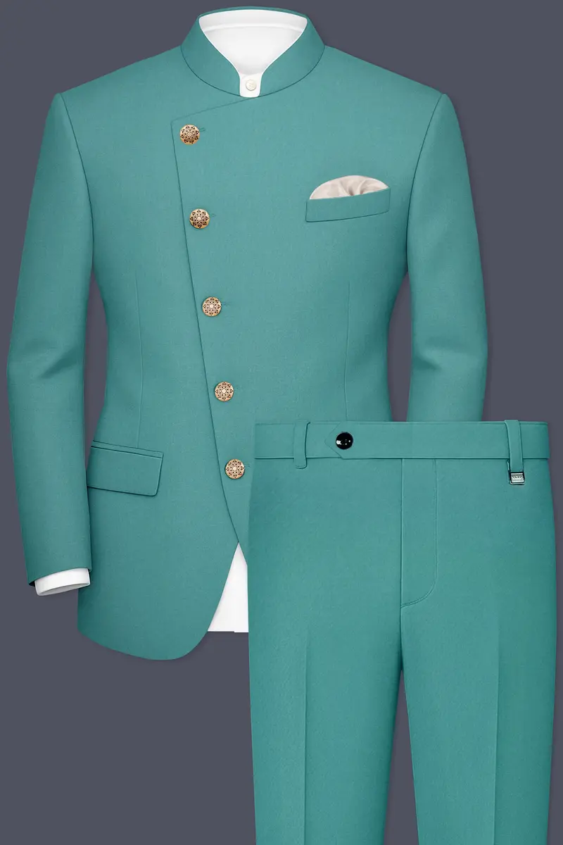 Travirid-Gothic Green Wool Rich Cross Placket Bandhgala Slight Stretch Suit 2