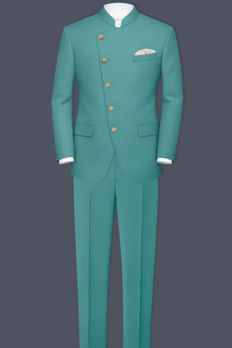 Travirid-Gothic Green Wool Rich Cross Placket Bandhgala Slight Stretch Suit 4