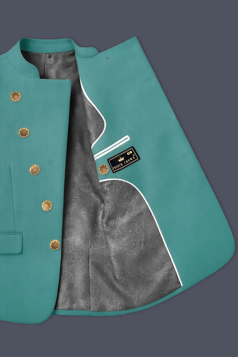 Travirid-Gothic Green Wool Rich Cross Placket Bandhgala Slight Stretch Suit 5