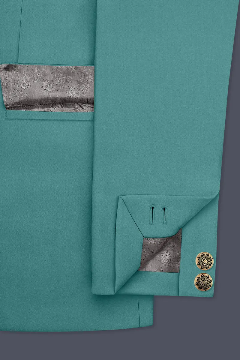 Travirid-Gothic Green Wool Rich Cross Placket Bandhgala Slight Stretch Suit 6